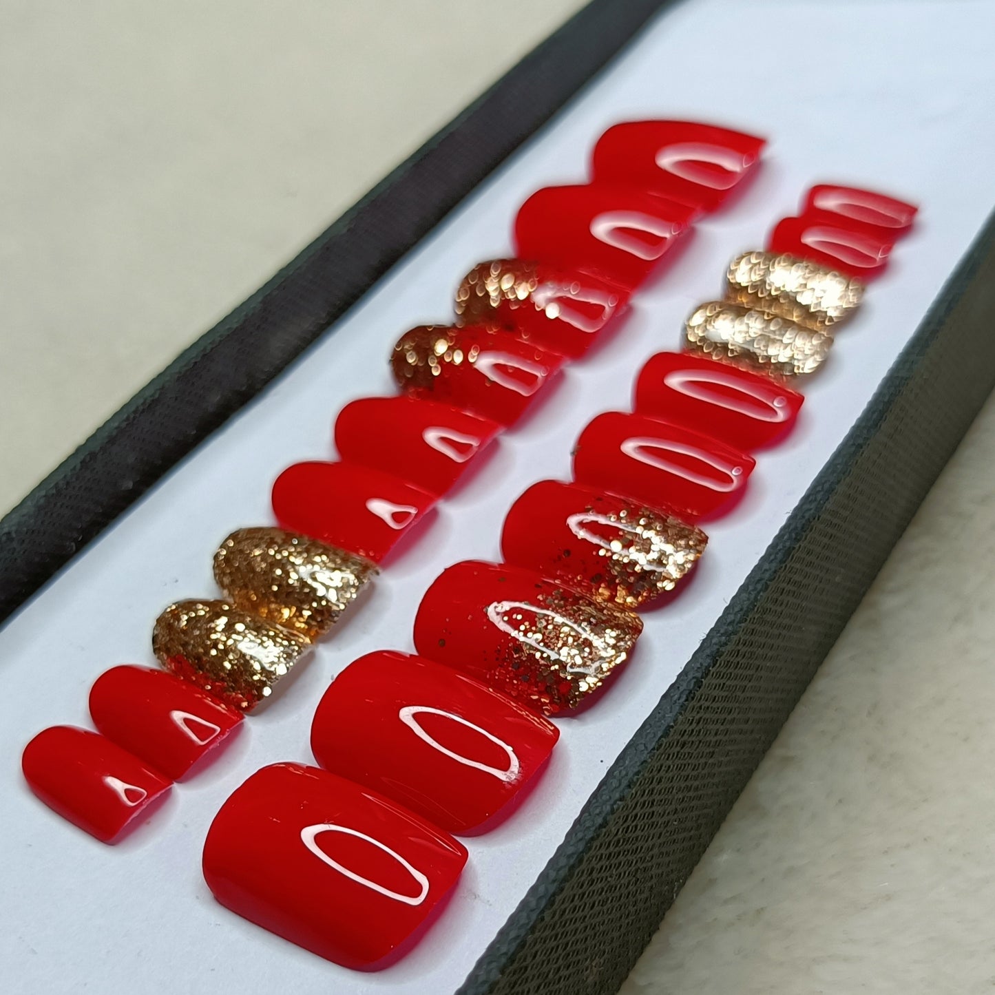 The NailzStation Glossy Red Glitter Ombre Press on Fake Artificial Nails Set with glue, filer, sticker application kit // 1304