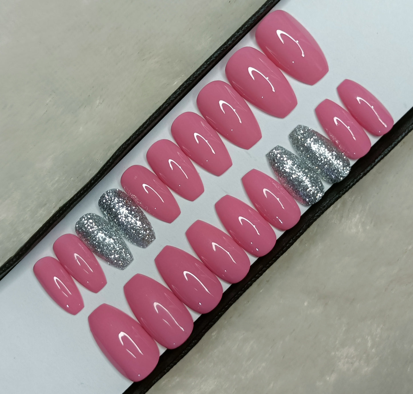 The NailzStation Glossy Light Pink Glitter Press on Fake Artificial Nails Set with glue, filer, sticker application kit // 1288