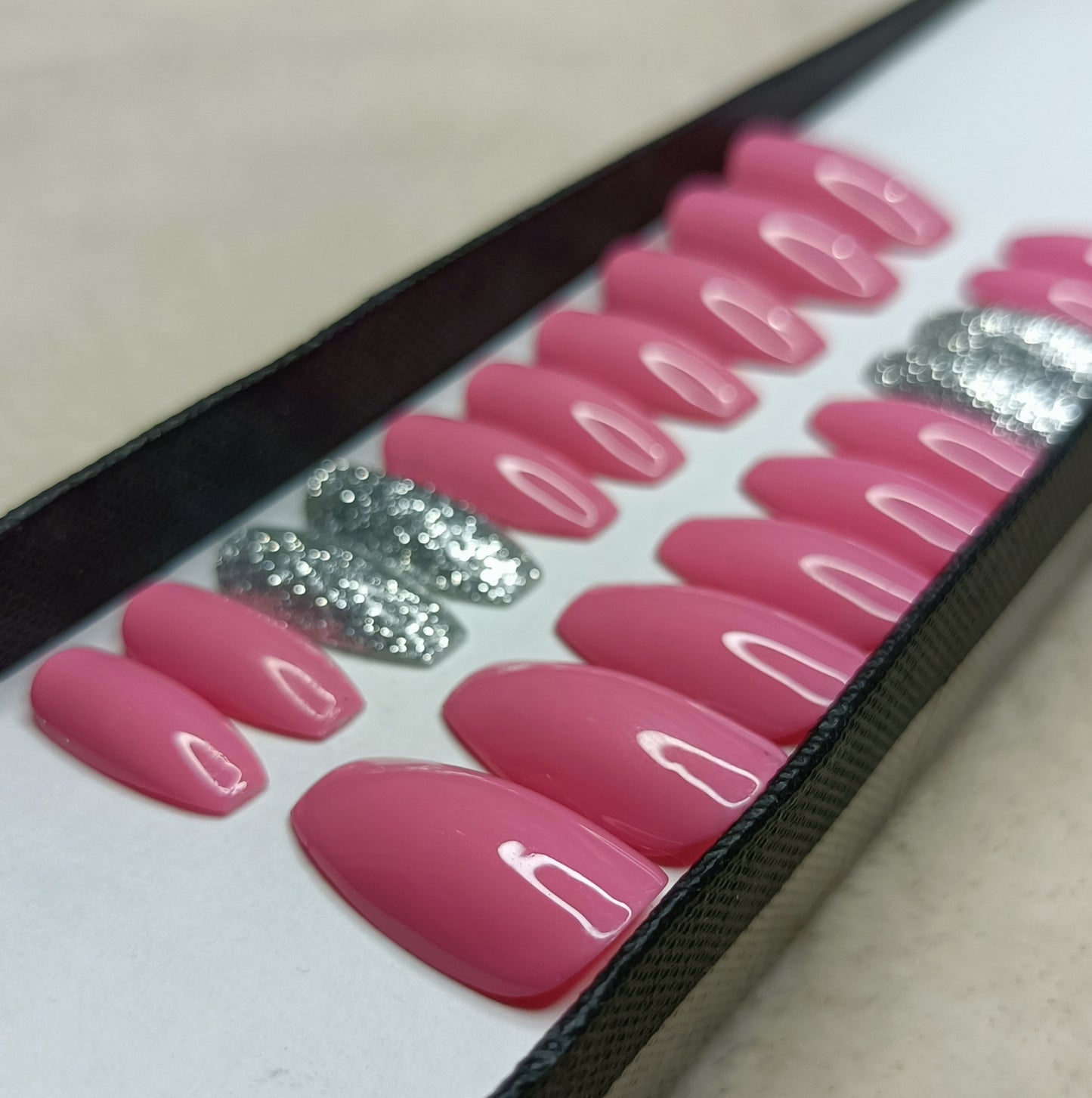 The NailzStation Glossy Light Pink Glitter Press on Fake Artificial Nails Set with glue, filer, sticker application kit // 1288