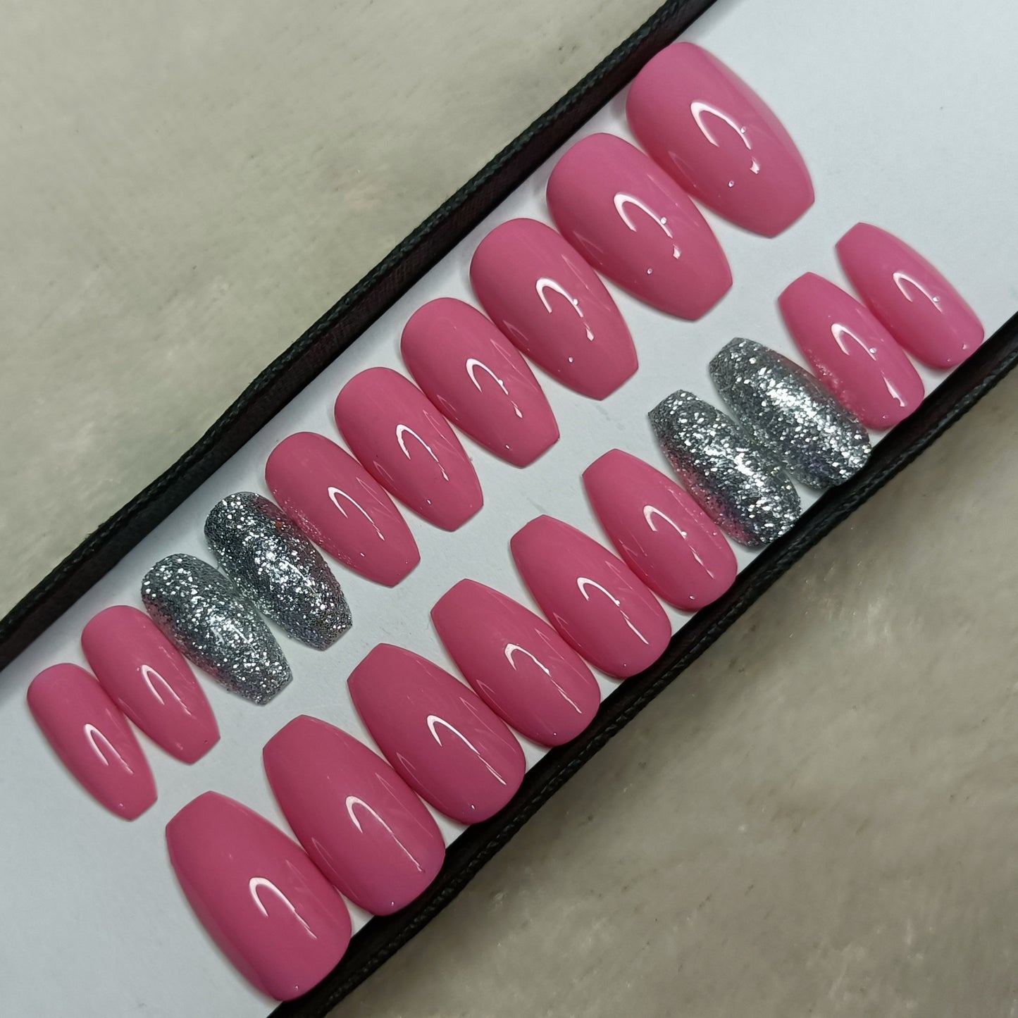 The NailzStation Glossy Light Pink Glitter Press on Fake Artificial Nails Set with glue, filer, sticker application kit // 1288