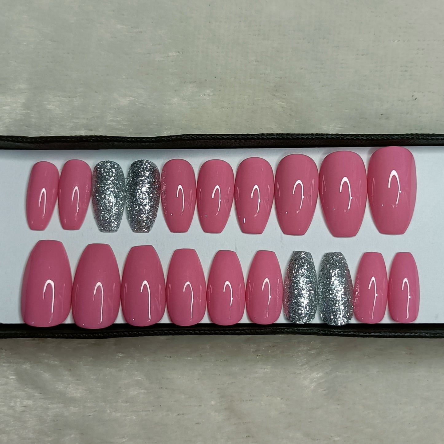 The NailzStation Glossy Light Pink Glitter Press on Fake Artificial Nails Set with glue, filer, sticker application kit // 1288