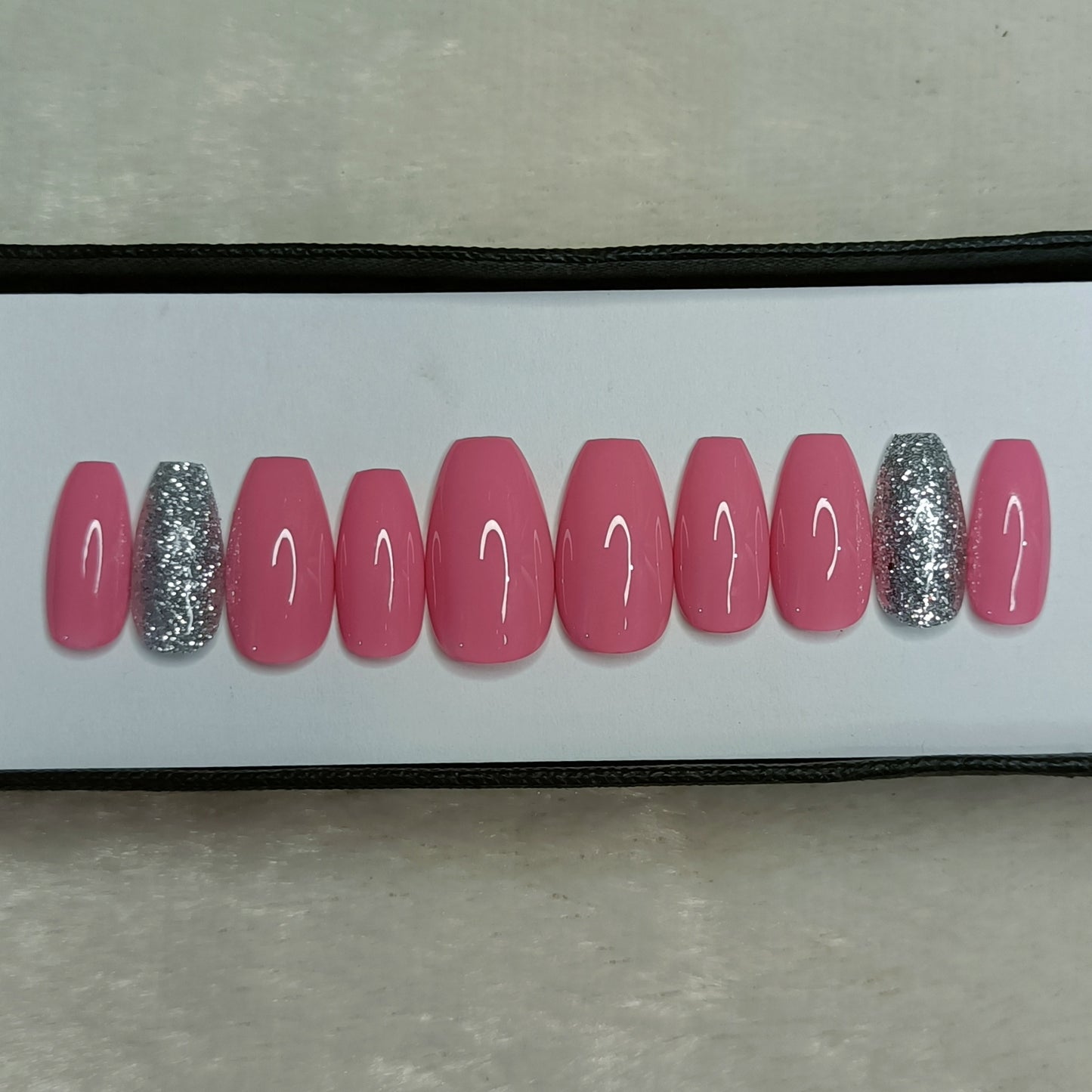 The NailzStation Glossy Light Pink Glitter Press on Fake Artificial Nails Set with glue, filer, sticker application kit // 1288