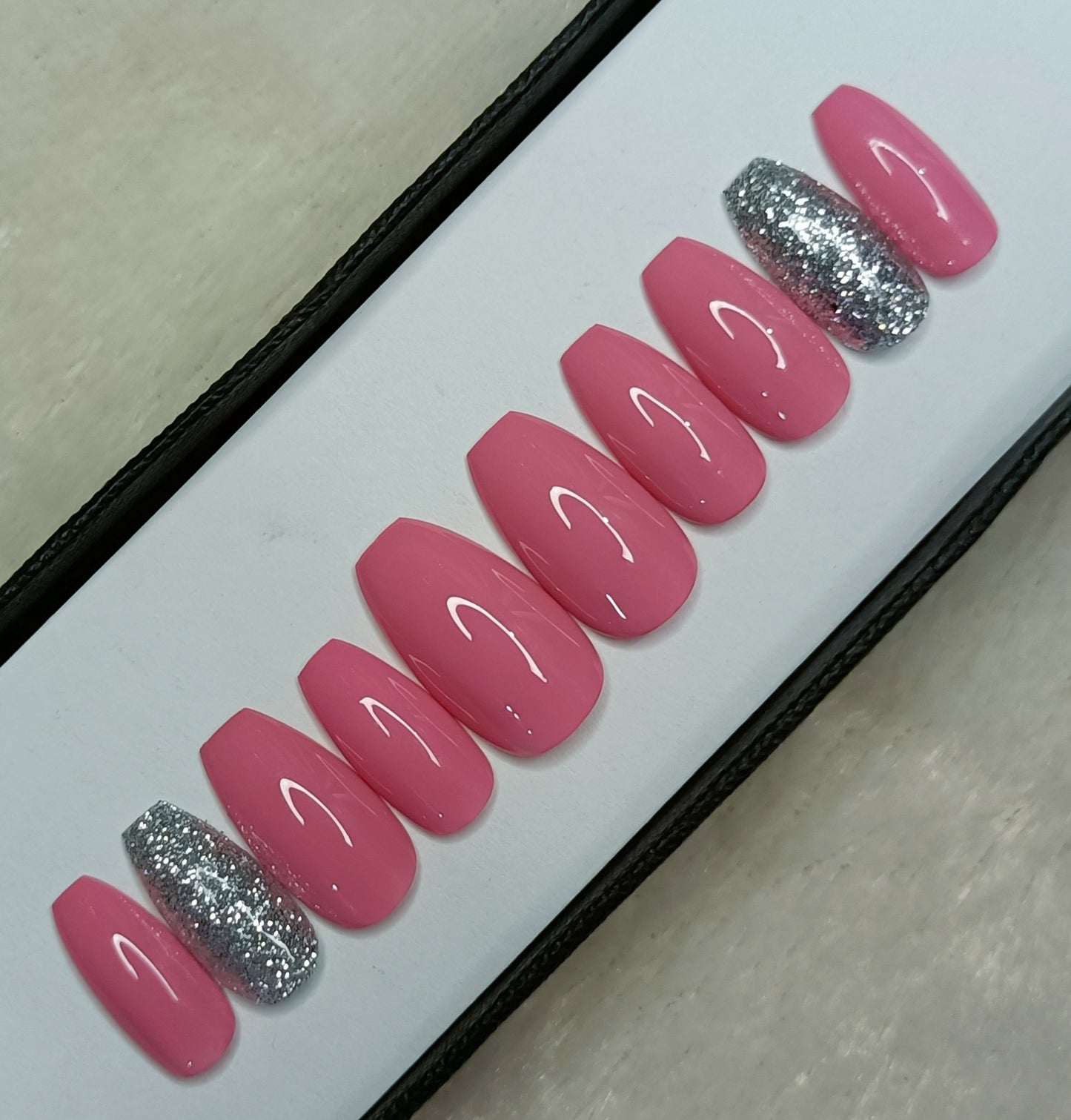 The NailzStation Glossy Light Pink Glitter Press on Fake Artificial Nails Set with glue, filer, sticker application kit // 1288