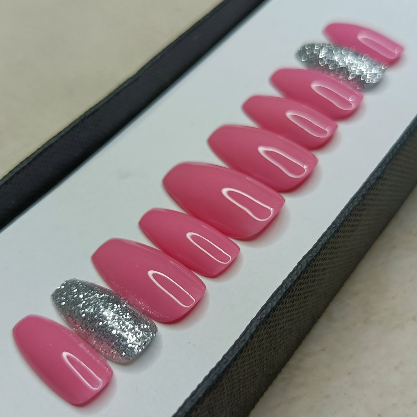 The NailzStation Glossy Light Pink Glitter Press on Fake Artificial Nails Set with glue, filer, sticker application kit // 1288