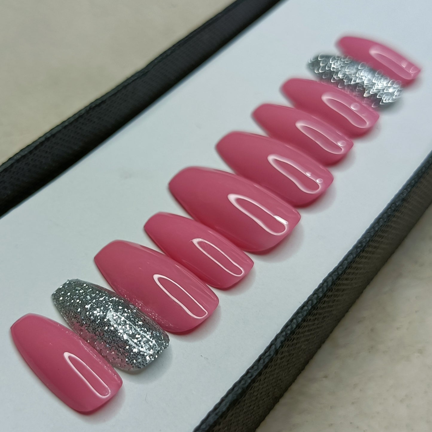 The NailzStation Glossy Light Pink Glitter Press on Fake Artificial Nails Set with glue, filer, sticker application kit // 1288