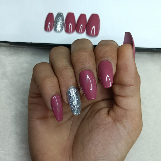 The NailzStation Glossy Rose Glitter Press on Fake Artificial Nails Set with glue, filer, sticker application kit // 1289