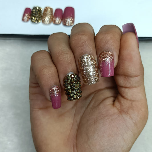 The NailzStation Glossy Pink Studded Glitter Press on Fake Artificial Nails Set with glue, filer, sticker application kit // 1303