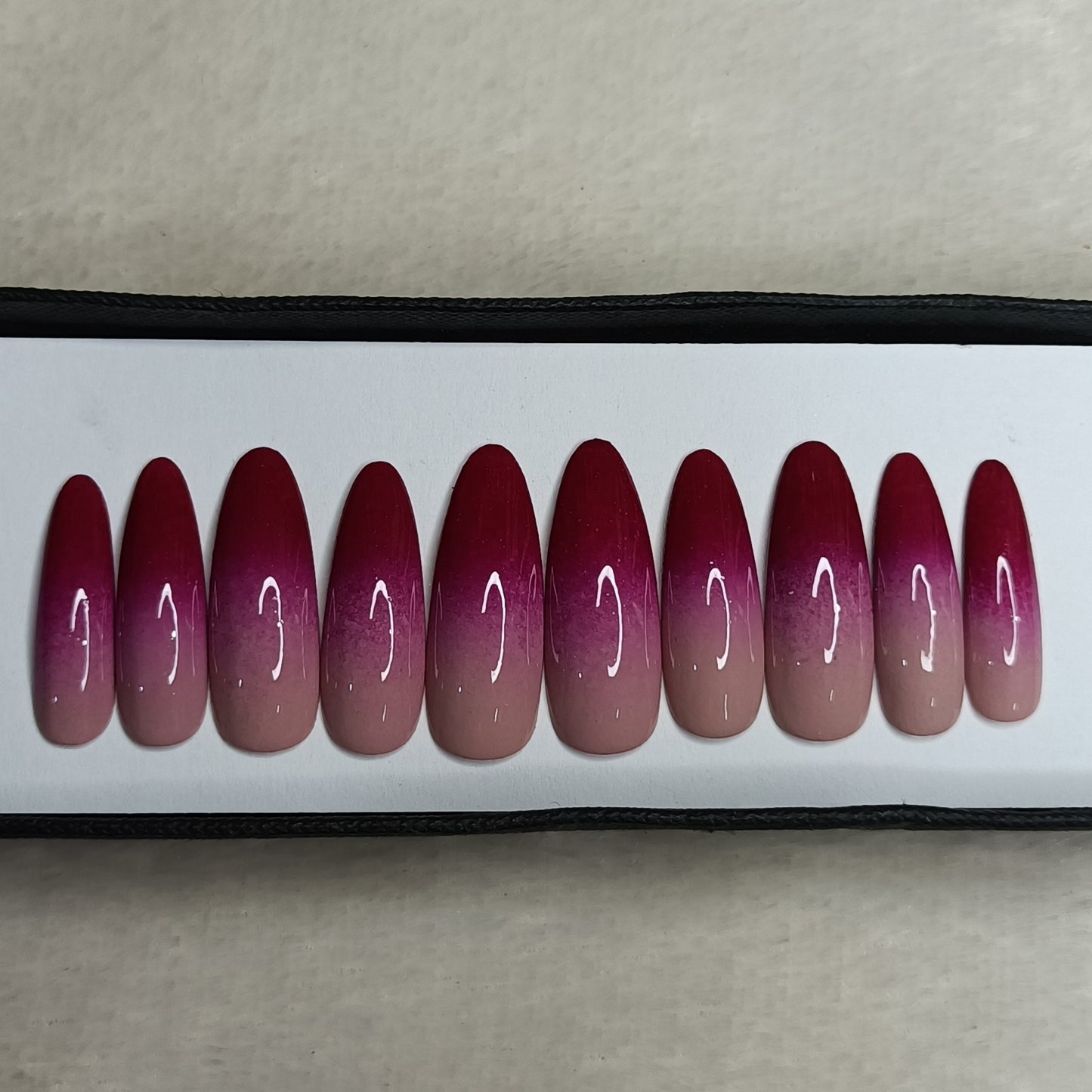 The NailzStation Glossy Maroon Ombre Press on Fake Artificial Nails Set with glue, filer, sticker application kit // 1291