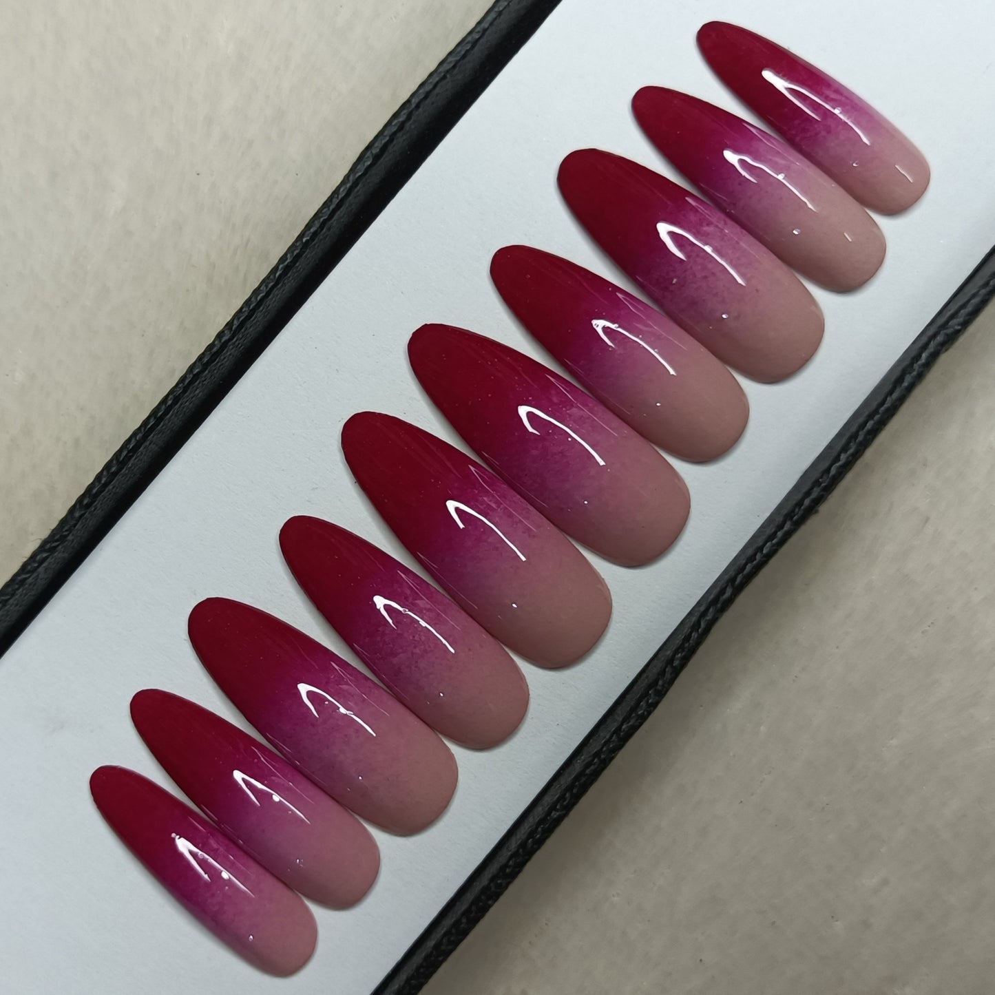 The NailzStation Glossy Maroon Ombre Press on Fake Artificial Nails Set with glue, filer, sticker application kit // 1291