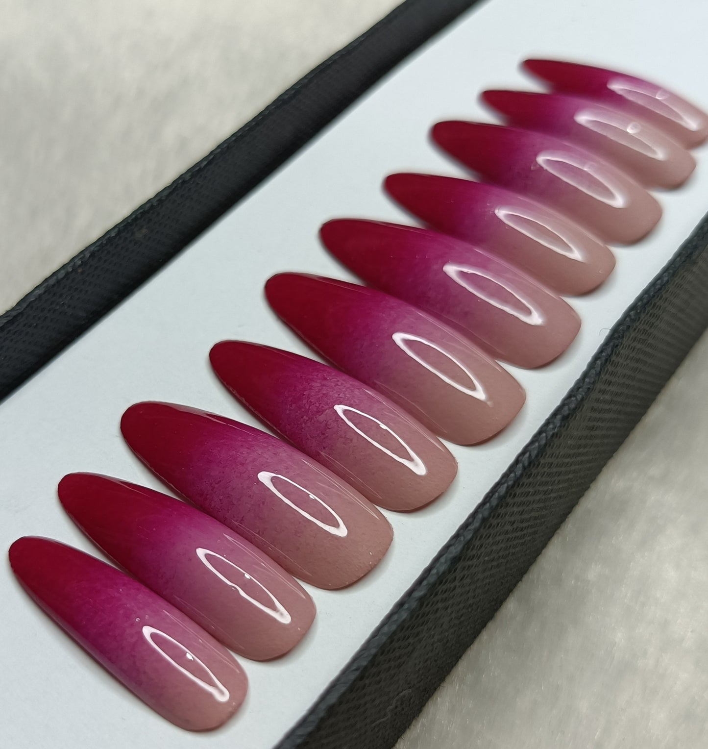 The NailzStation Glossy Maroon Ombre Press on Fake Artificial Nails Set with glue, filer, sticker application kit // 1291