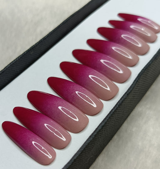 The NailzStation Glossy Maroon Ombre Press on Fake Artificial Nails Set with glue, filer, sticker application kit // 1291
