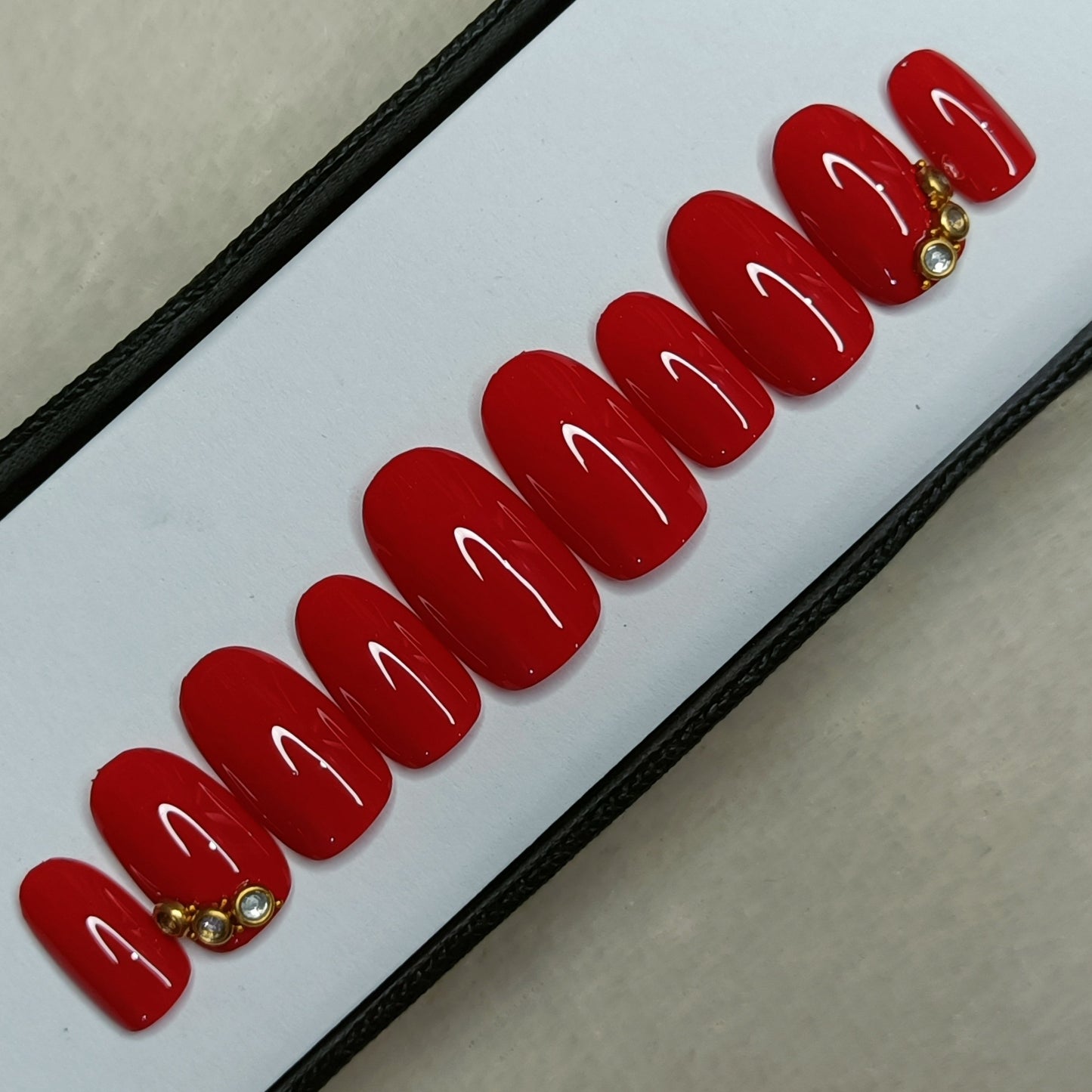 The NailzStation Glossy Red Kundan Bridal Press on Fake Artificial Nails Set with glue, filer, sticker application kit // 1292