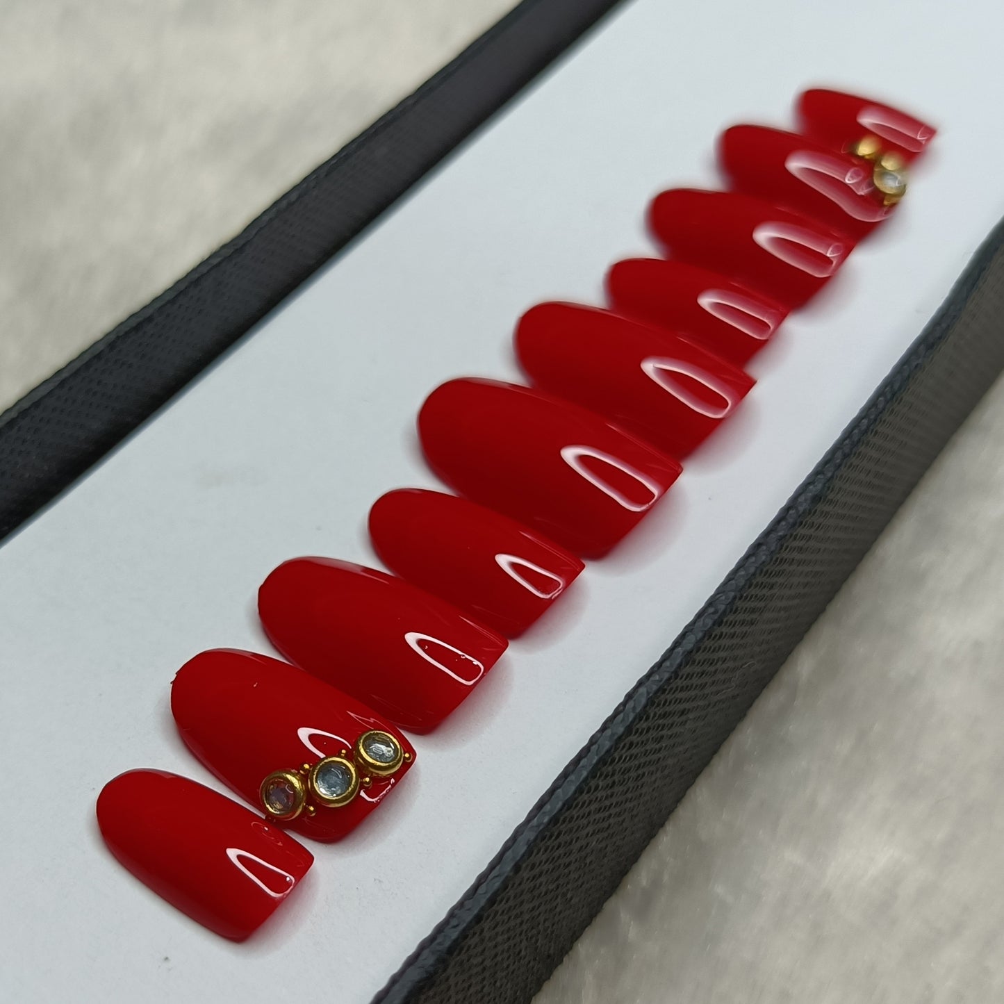 The NailzStation Glossy Red Kundan Bridal Press on Fake Artificial Nails Set with glue, filer, sticker application kit // 1292