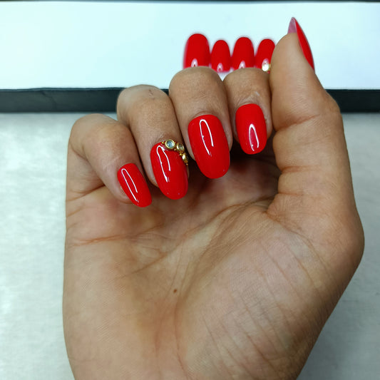 The NailzStation Glossy Red Kundan Bridal Press on Fake Artificial Nails Set with glue, filer, sticker application kit // 1292