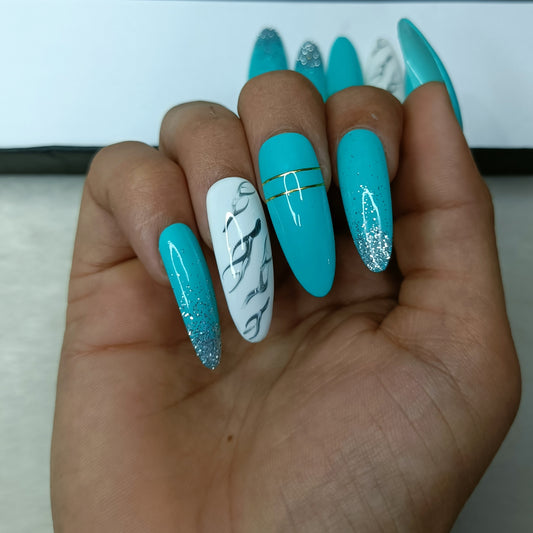 The NailzStation Glossy Light Blue Marble Press on Fake Artificial Nails Set with glue, filer, sticker application kit // 1293