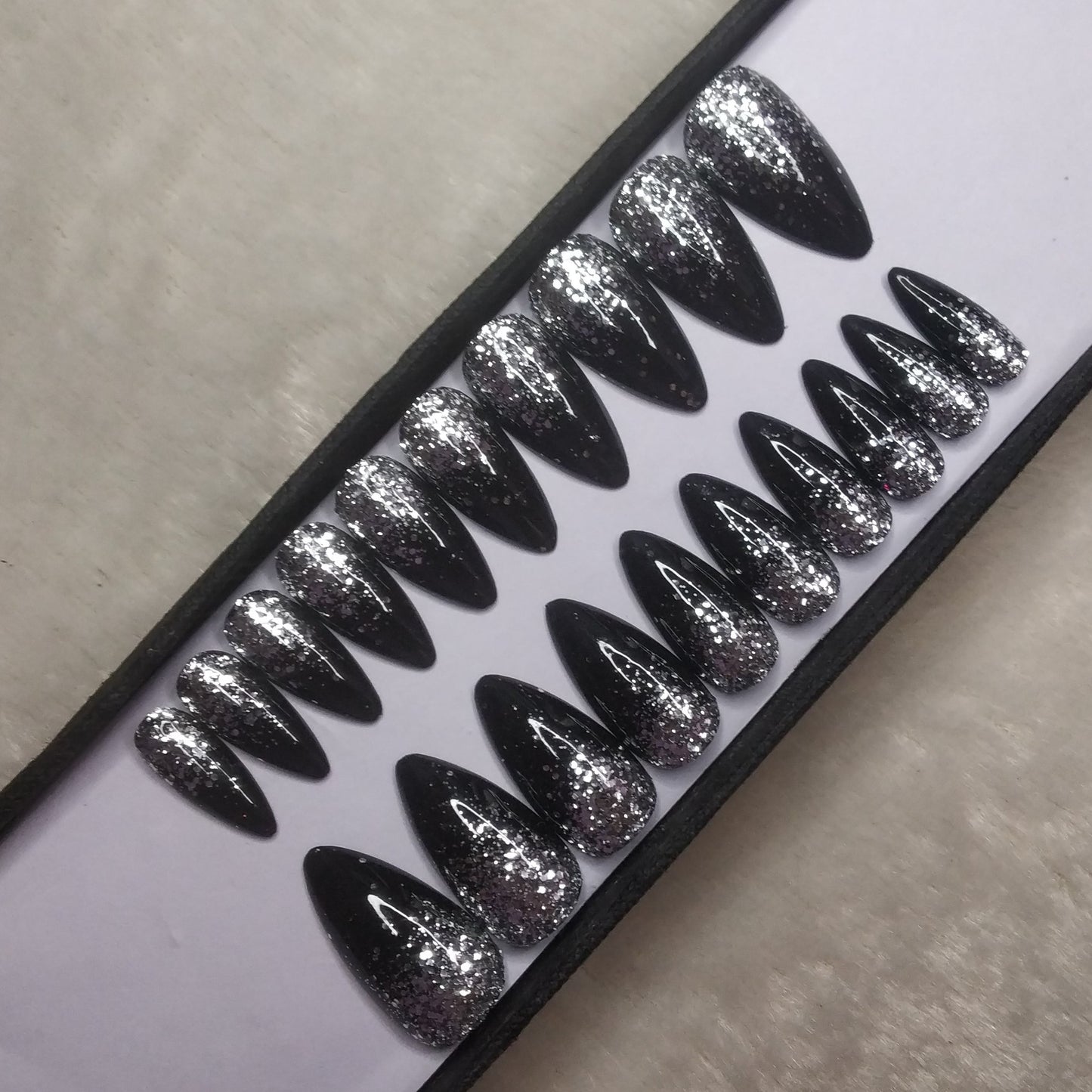 The NailzStation Glossy Black Glitter Ombre Press on Fake Artificial Nails Set with glue, filer, sticker application kit // 1295