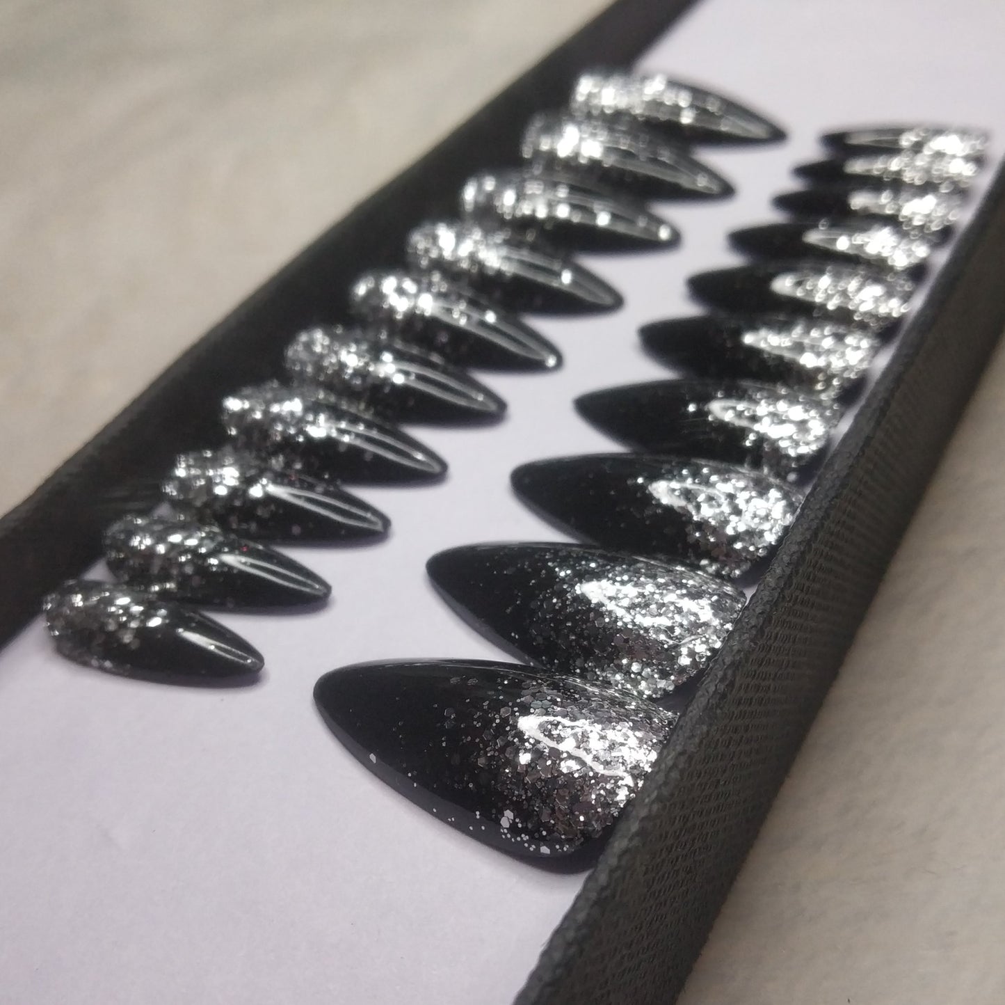 The NailzStation Glossy Black Glitter Ombre Press on Fake Artificial Nails Set with glue, filer, sticker application kit // 1295