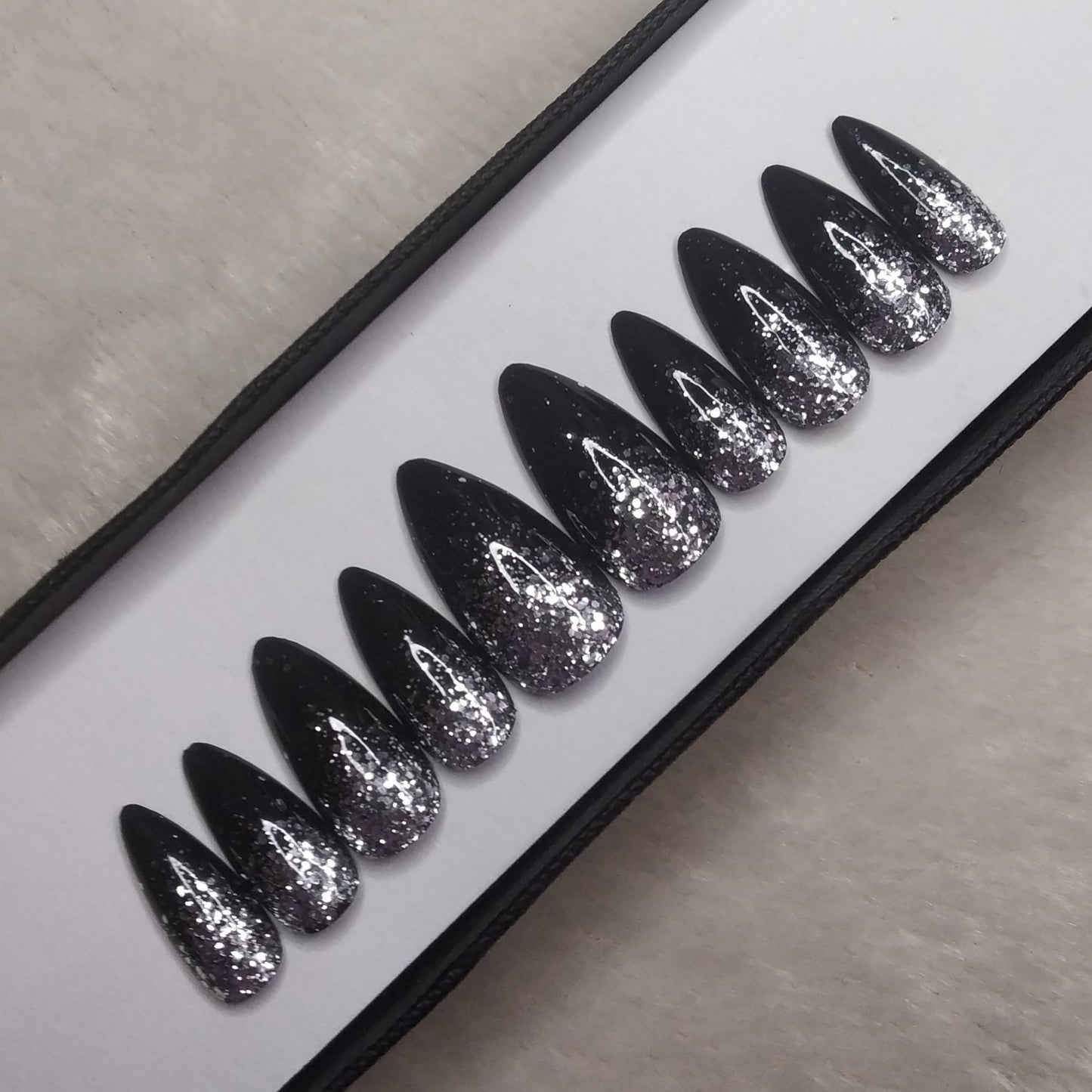 The NailzStation Glossy Black Glitter Ombre Press on Fake Artificial Nails Set with glue, filer, sticker application kit // 1295