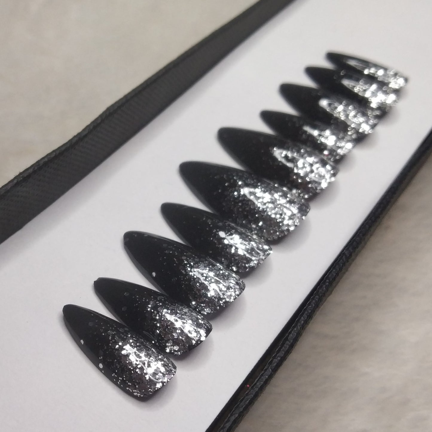 The NailzStation Glossy Black Glitter Ombre Press on Fake Artificial Nails Set with glue, filer, sticker application kit // 1295