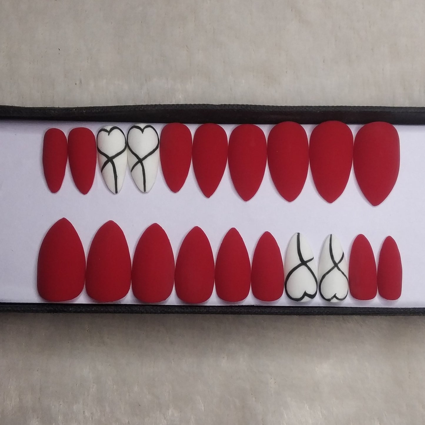 The NailzStation Matte Red Hearts Press on Fake Artificial Nails Set with glue, filer, sticker application kit // 1296