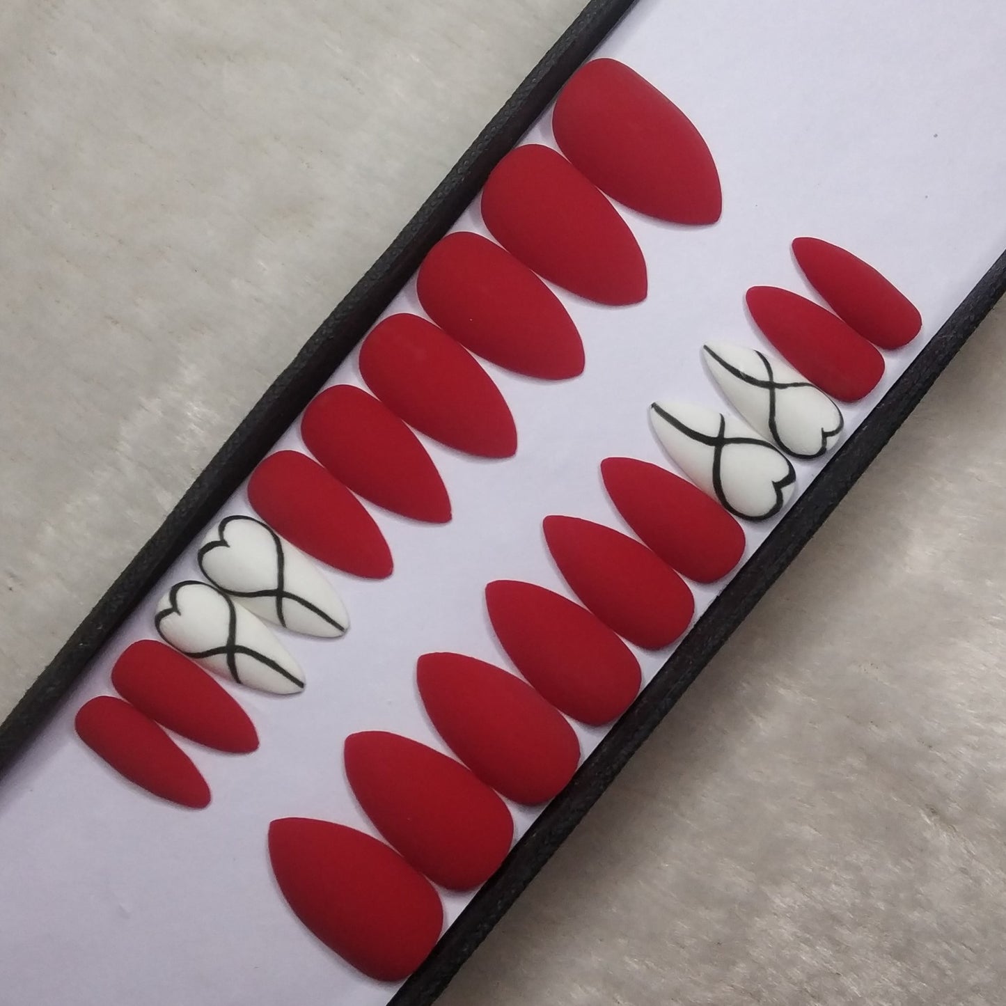 The NailzStation Matte Red Hearts Press on Fake Artificial Nails Set with glue, filer, sticker application kit // 1296