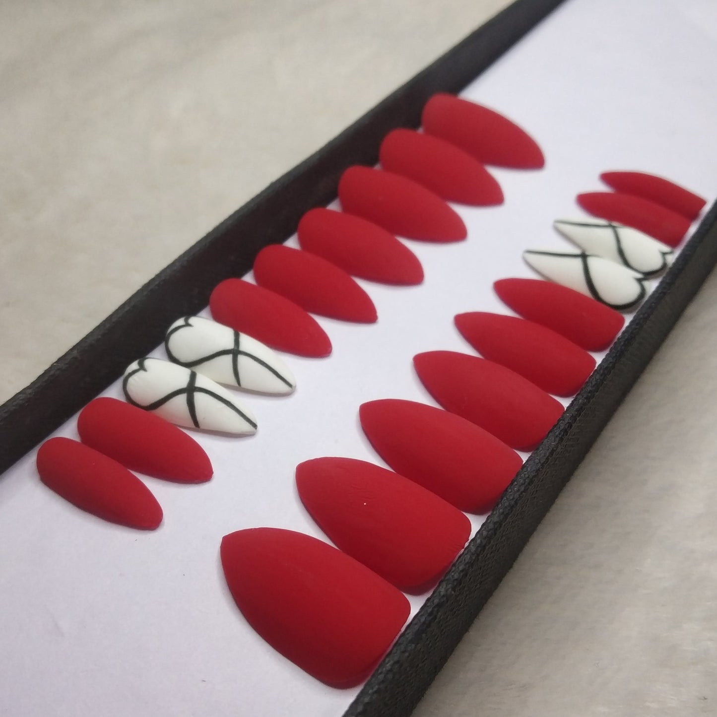 The NailzStation Matte Red Hearts Press on Fake Artificial Nails Set with glue, filer, sticker application kit // 1296