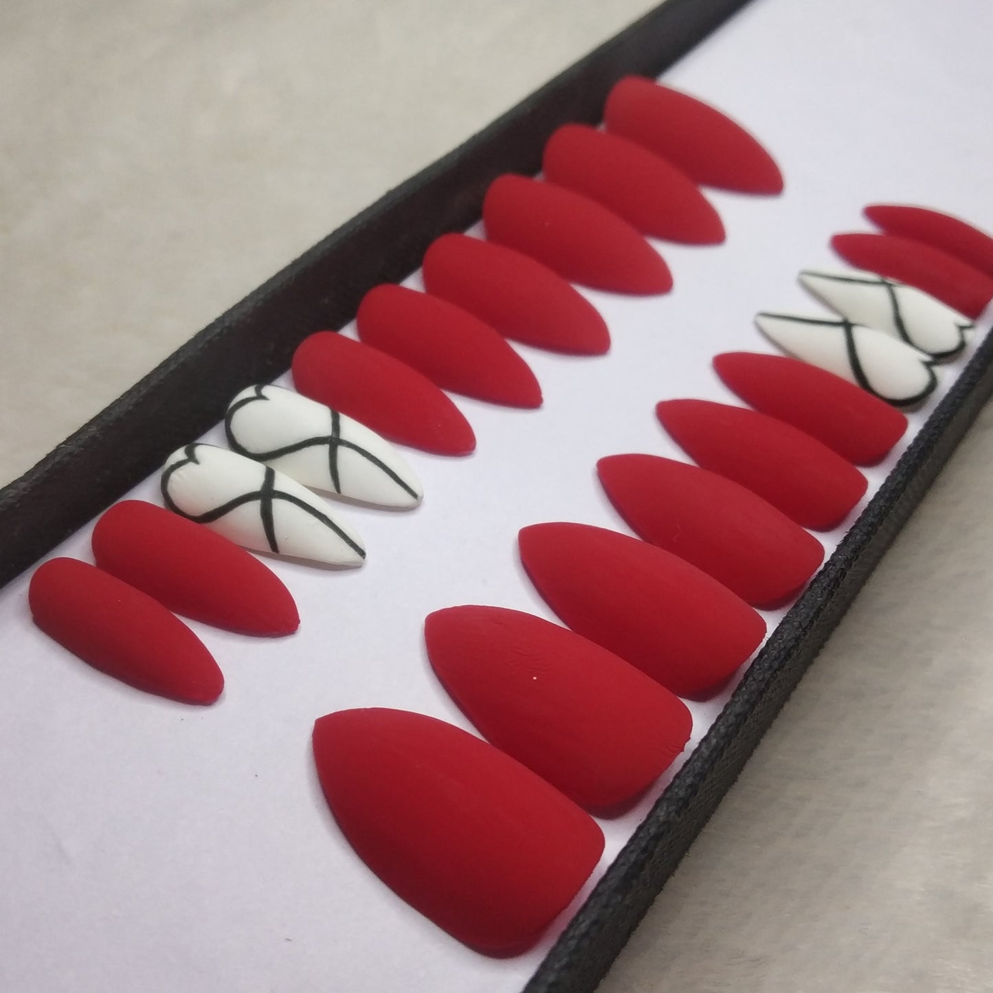 The NailzStation Matte Red Hearts Press on Fake Artificial Nails Set with glue, filer, sticker application kit // 1296