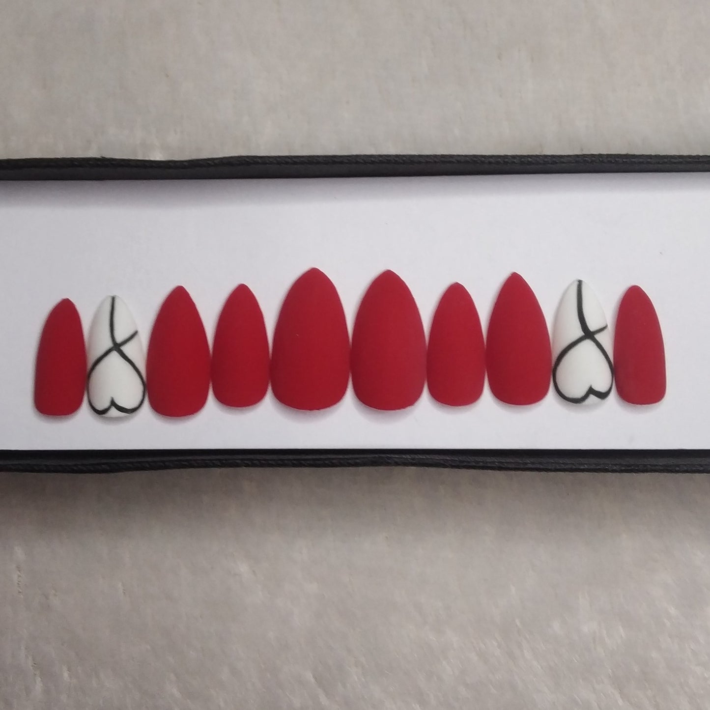 The NailzStation Matte Red Hearts Press on Fake Artificial Nails Set with glue, filer, sticker application kit // 1296