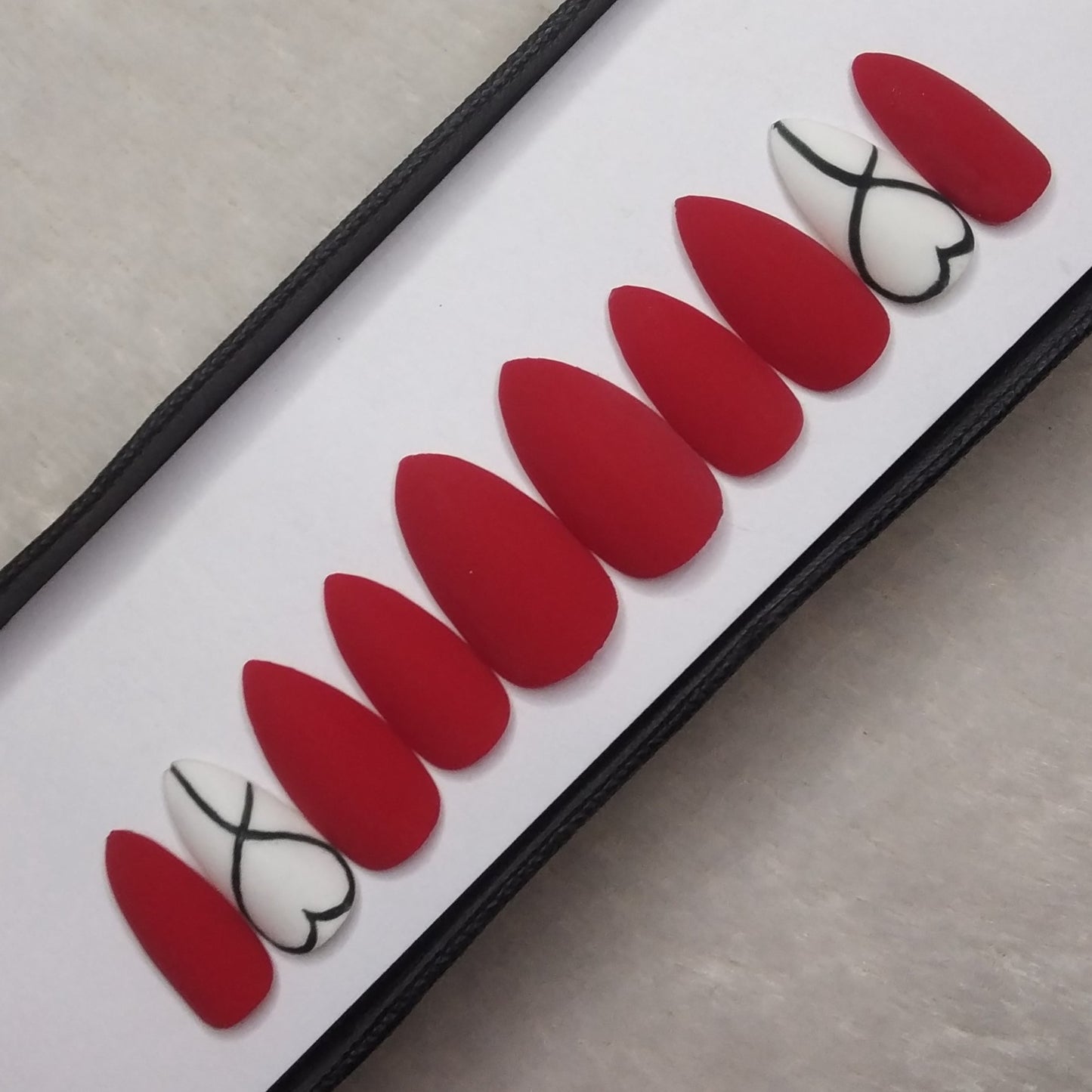 The NailzStation Matte Red Hearts Press on Fake Artificial Nails Set with glue, filer, sticker application kit // 1296