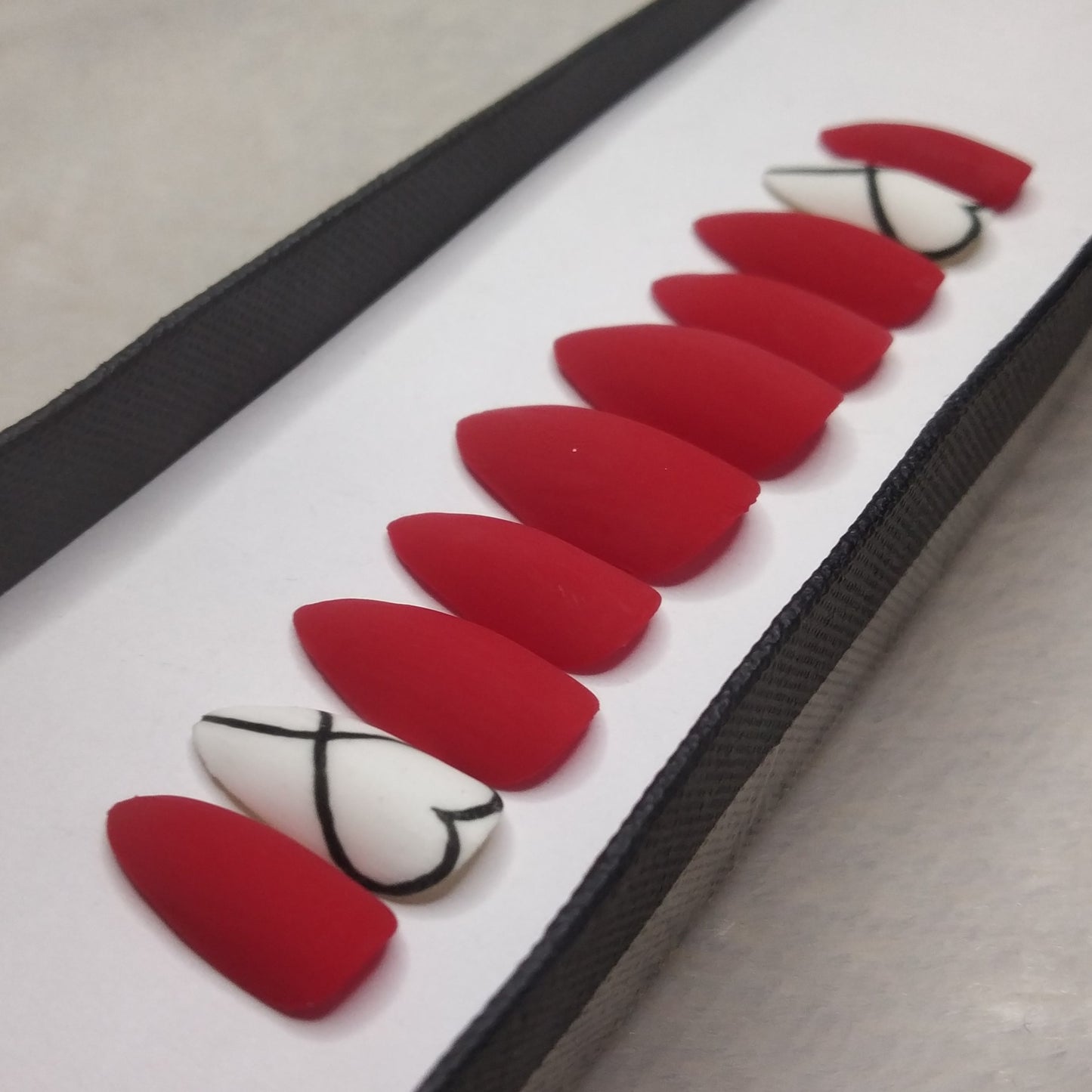 The NailzStation Matte Red Hearts Press on Fake Artificial Nails Set with glue, filer, sticker application kit // 1296