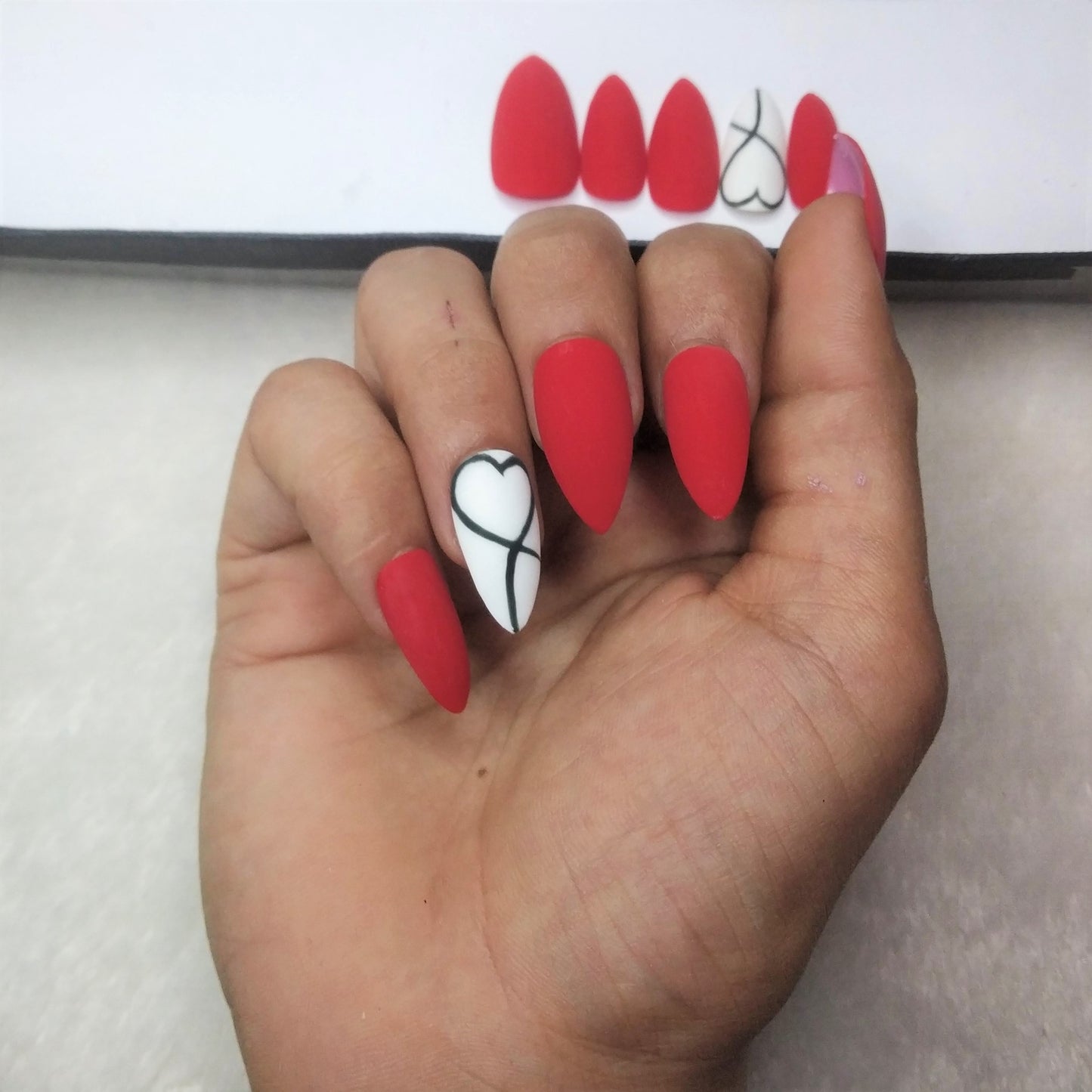 The NailzStation Matte Red Hearts Press on Fake Artificial Nails Set with glue, filer, sticker application kit // 1296