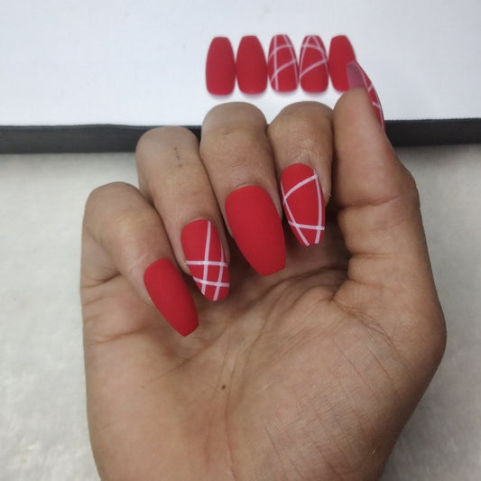 The NailzStation Matte Red Lines Press on Fake Artificial Nails Set with glue, filer, sticker application kit // 1297