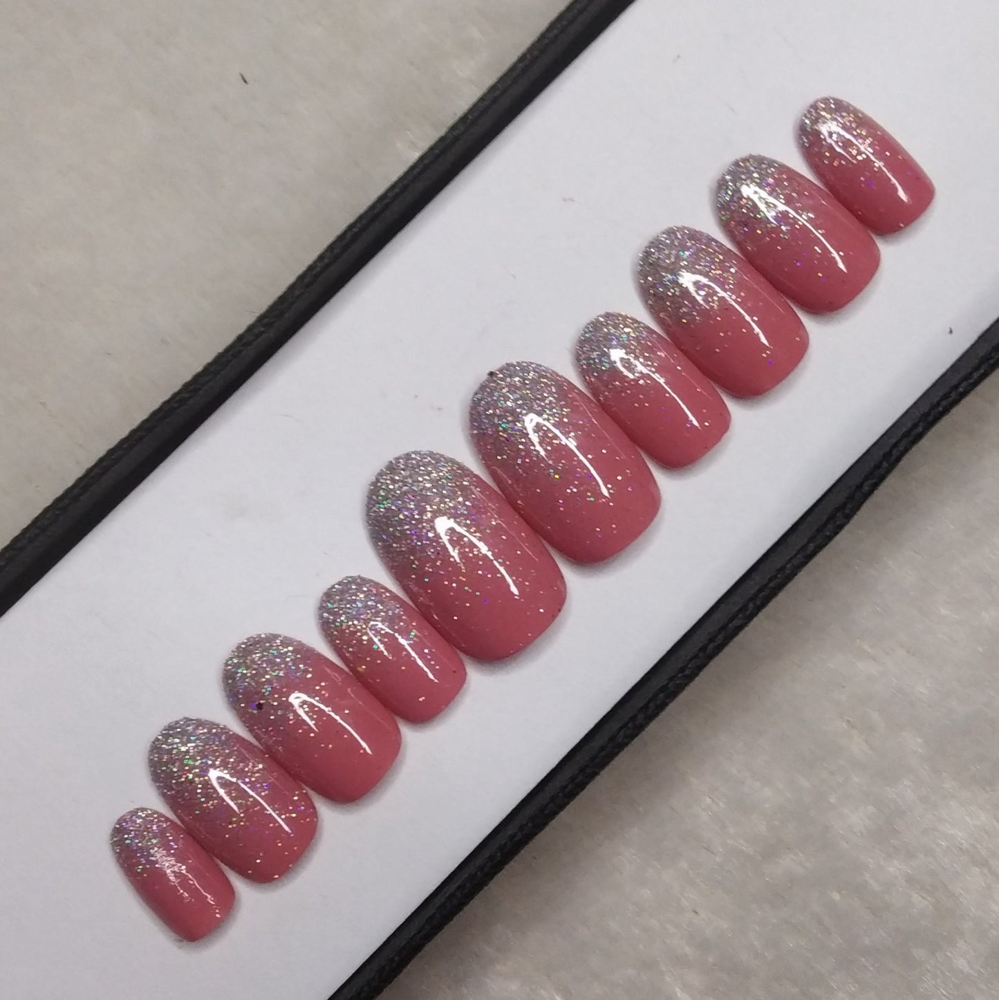 The NailzStation Glossy Rose Glitter Ombre Press on Fake Artificial Nails Set with glue, filer, sticker application kit // 1302