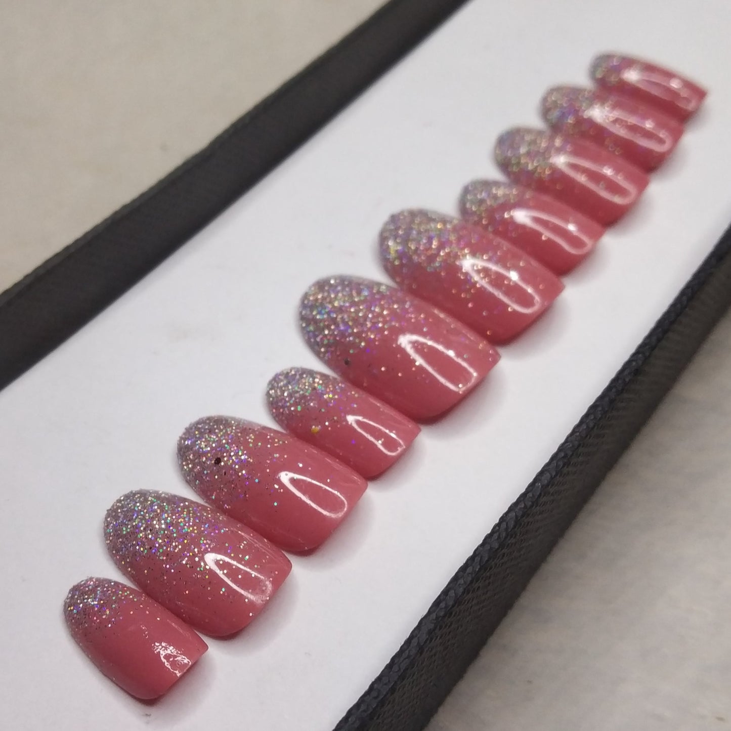 The NailzStation Glossy Rose Glitter Ombre Press on Fake Artificial Nails Set with glue, filer, sticker application kit // 1302