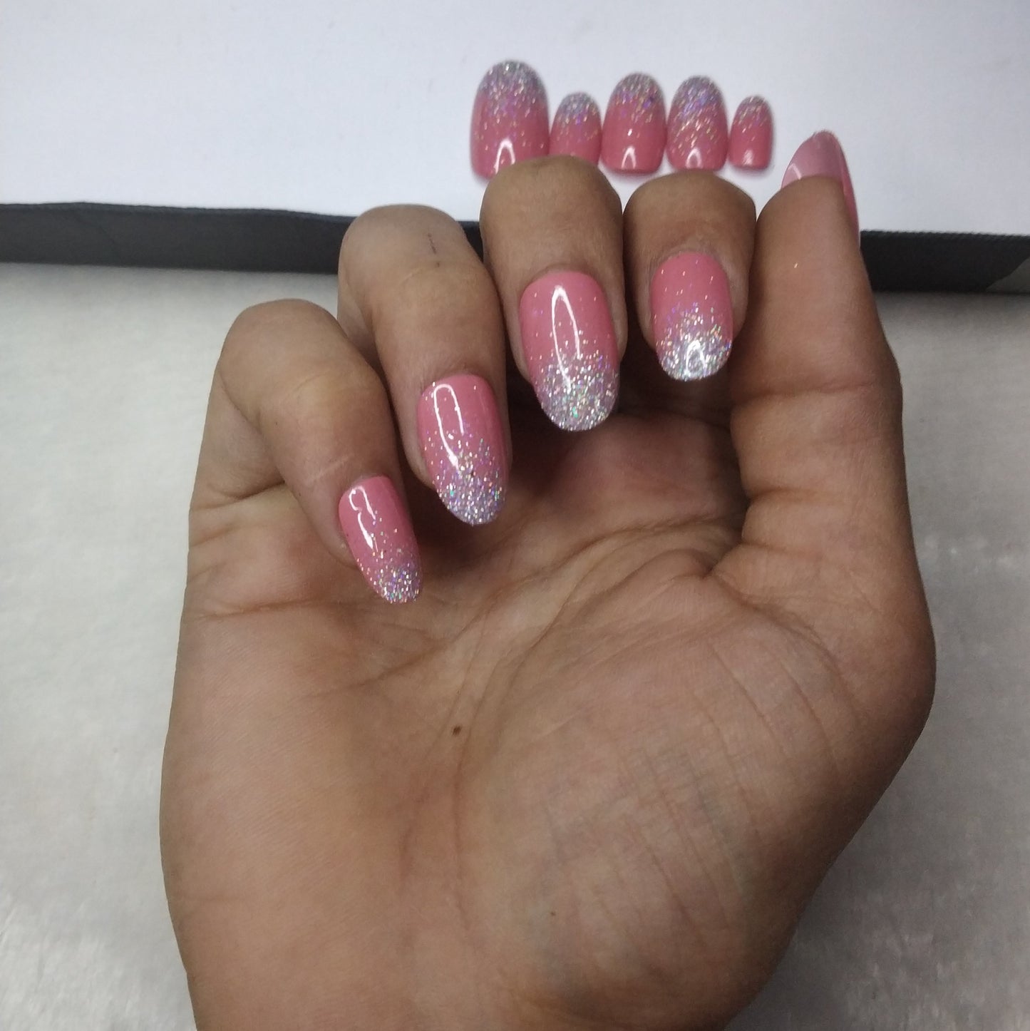 The NailzStation Glossy Rose Glitter Ombre Press on Fake Artificial Nails Set with glue, filer, sticker application kit // 1302