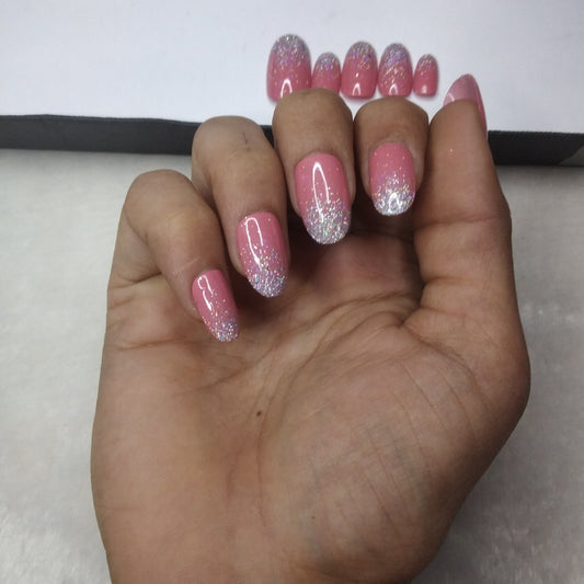 The NailzStation Glossy Rose Glitter Ombre Press on Fake Artificial Nails Set with glue, filer, sticker application kit // 1302