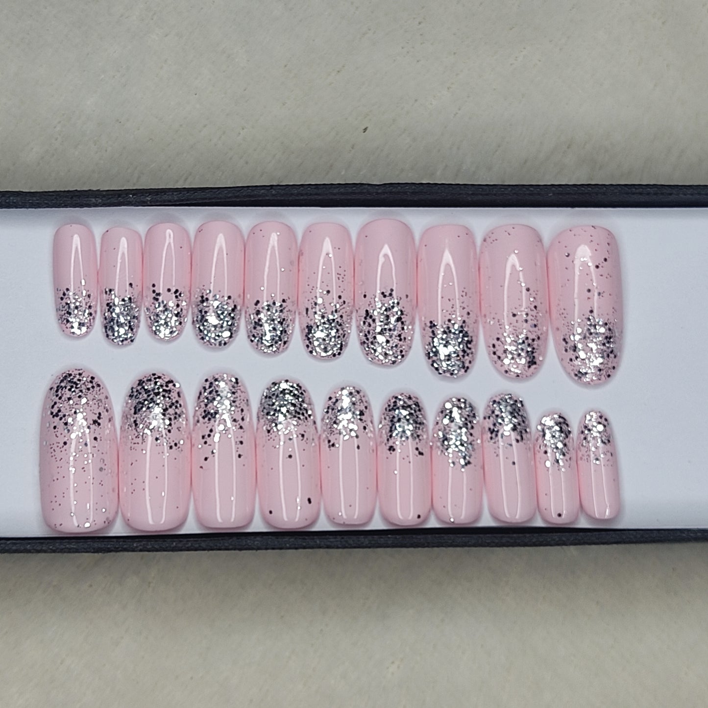 The NailzStation Glossy Light Pink Glitter Ombre Press on Fake Artificial Nails Set with glue, filer, sticker application kit // 1298