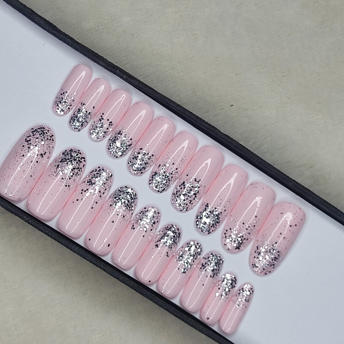 The NailzStation Glossy Light Pink Glitter Ombre Press on Fake Artificial Nails Set with glue, filer, sticker application kit // 1298