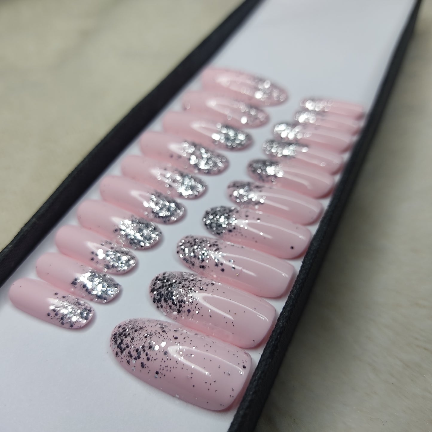 The NailzStation Glossy Light Pink Glitter Ombre Press on Fake Artificial Nails Set with glue, filer, sticker application kit // 1298