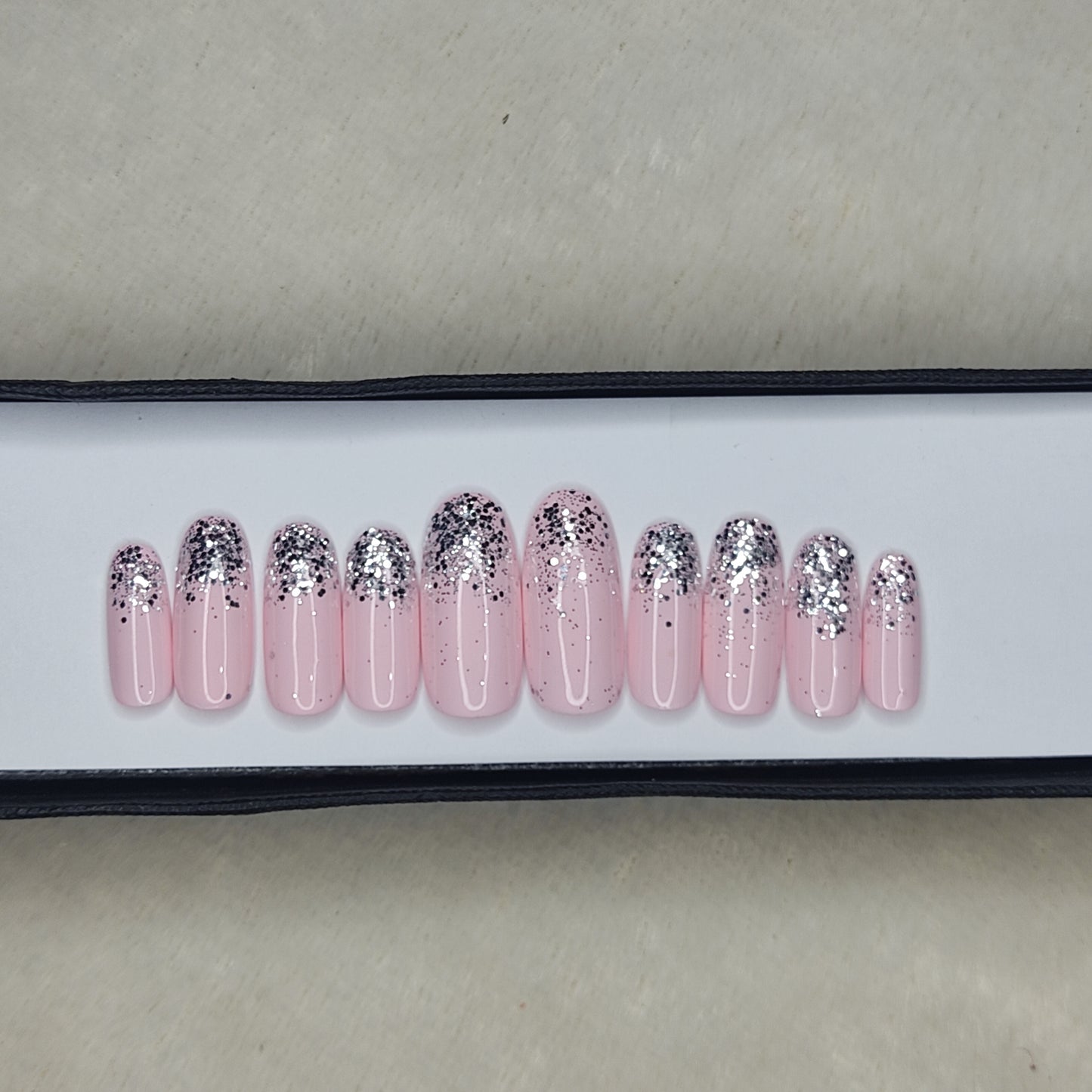 The NailzStation Glossy Light Pink Glitter Ombre Press on Fake Artificial Nails Set with glue, filer, sticker application kit // 1298