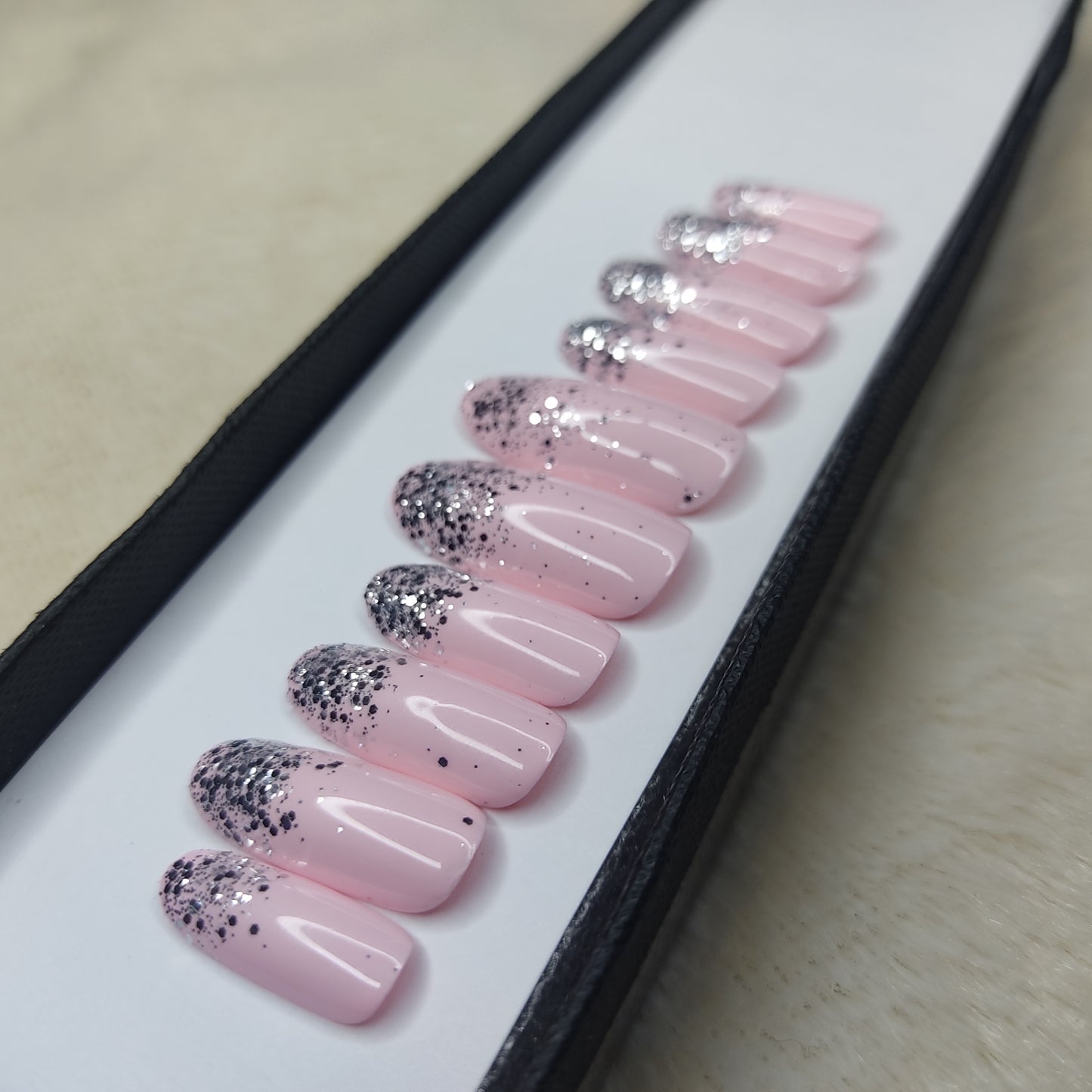 The NailzStation Glossy Light Pink Glitter Ombre Press on Fake Artificial Nails Set with glue, filer, sticker application kit // 1298