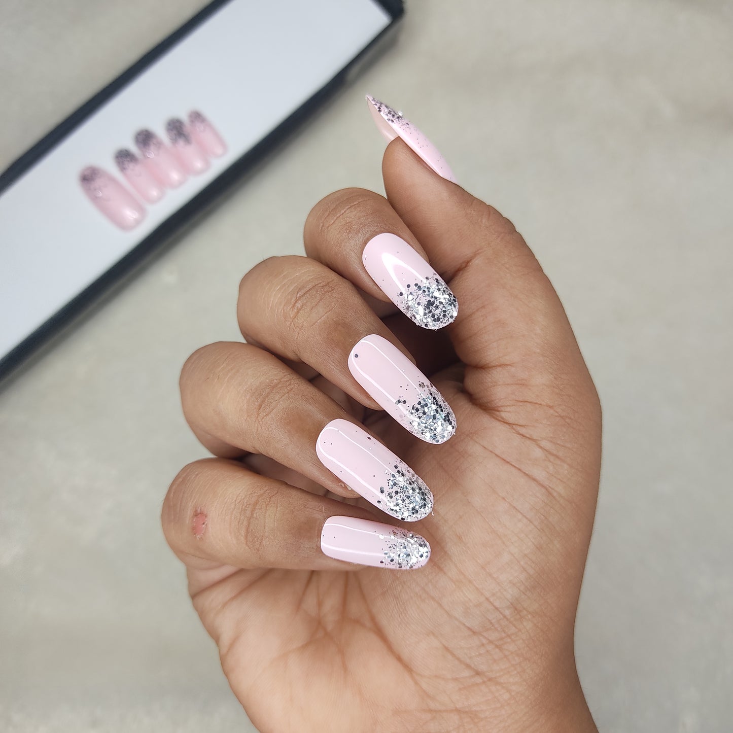 The NailzStation Glossy Light Pink Glitter Ombre Press on Fake Artificial Nails Set with glue, filer, sticker application kit // 1298