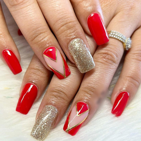 Glossy Red Glitter Press on Fake Artificial Nails / tns805