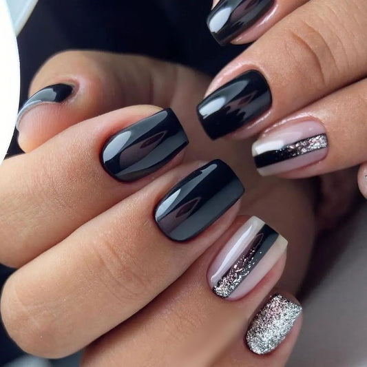 Glossy Black Glitter Press on Fake Artificial Nails / tns806