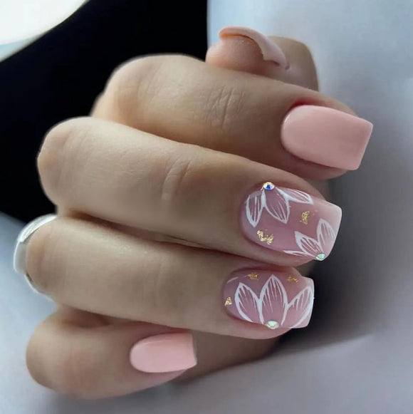 Glossy Light Pink Floral Press on Fake Artificial Nails / tns808
