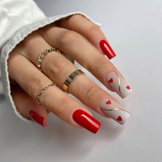 Matte Red Swirl Hearts Press on Fake Artificial Nails / tns813