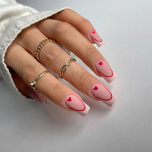 Matte Nude Red French Hearts Press on Fake Artificial Nails / tns816