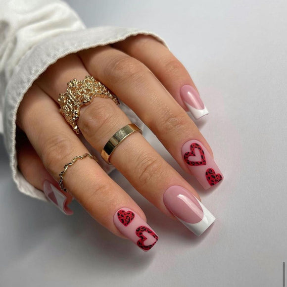 Matte Red Glitter Hearts Press on Fake Artificial Nails / tns817