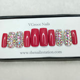 The NailzStation Glossy Red Studded Press on Fake Artificial Nails Set with glue, filer, sticker application kit // 1146