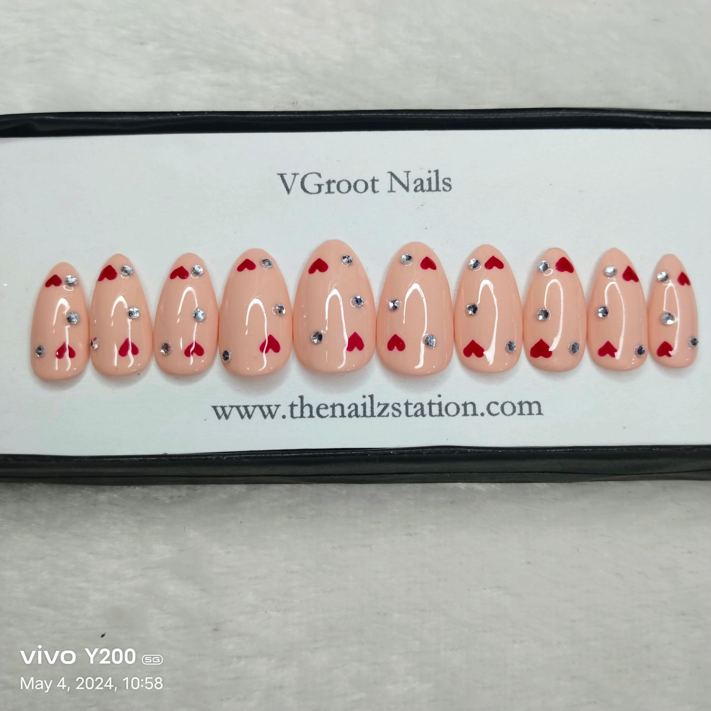 The NailzStation Glossy Nude Red Hearts Press on Fake Artificial Nails Set with glue, filer, sticker application kit // 1154